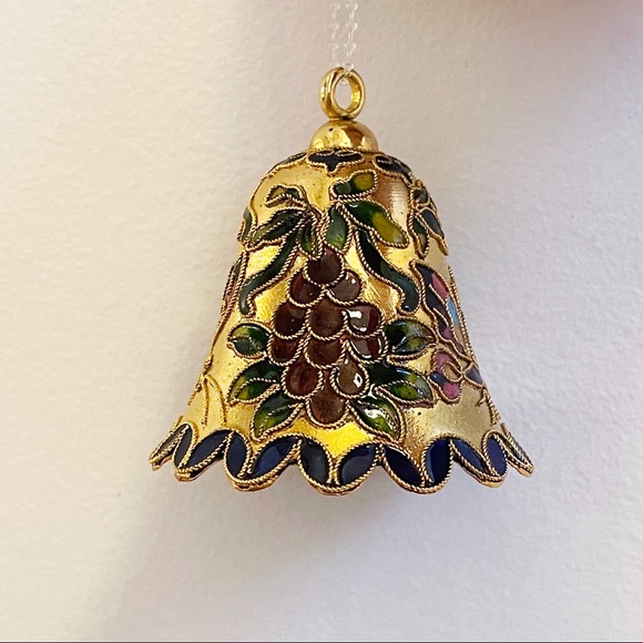 Gold Tone Cloisonné Enamel Butterfly Grape Holiday Bell Ornament - Picture 3 of 10